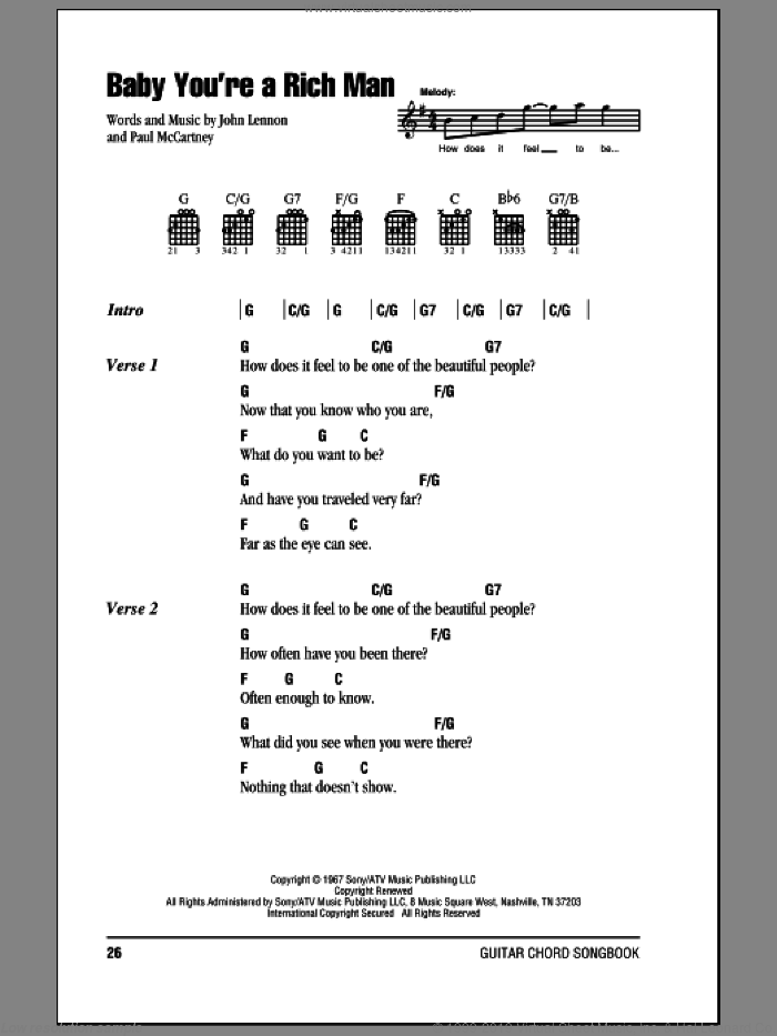 Baby You're A Rich Man sheet music for guitar (chords) by The Beatles, John Lennon and Paul McCartney, intermediate skill level