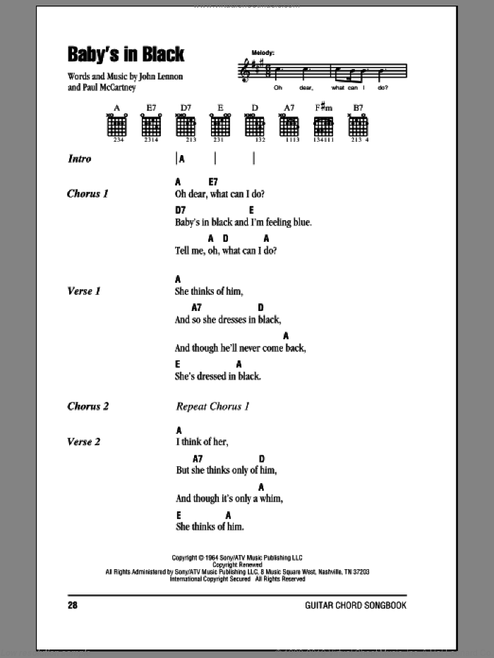 Baby's In Black sheet music for guitar (chords) by The Beatles, John Lennon and Paul McCartney, intermediate skill level