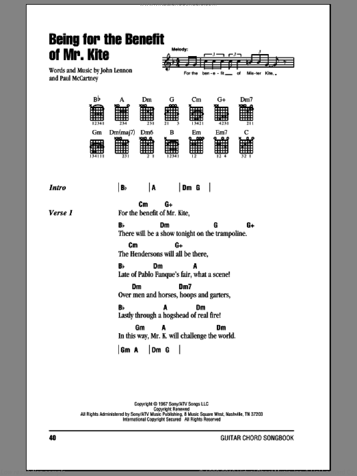 Being For The Benefit Of Mr. Kite sheet music for guitar (chords) by The Beatles, John Lennon and Paul McCartney, intermediate skill level