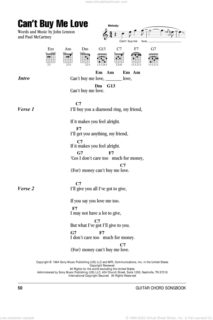 Can't Buy Me Love sheet music for guitar (chords) by The Beatles, John Lennon and Paul McCartney, intermediate skill level