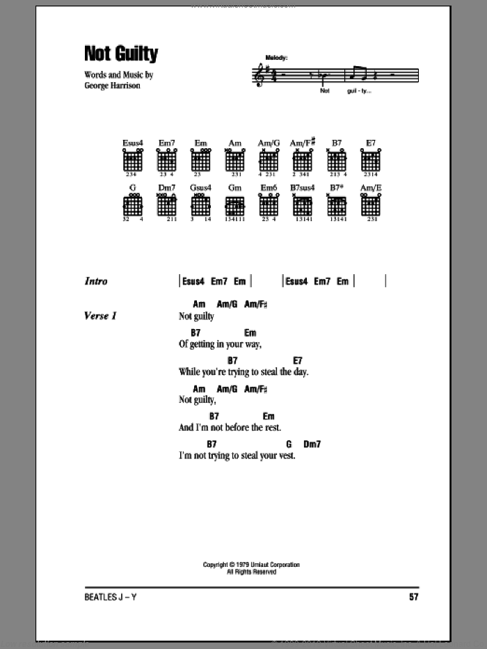 Not Guilty sheet music for guitar (chords) by The Beatles and George Harrison, intermediate skill level