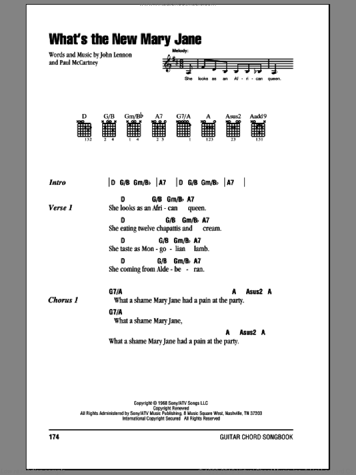 What's The New Mary Jane sheet music for guitar (chords) by The Beatles, John Lennon and Paul McCartney, intermediate skill level