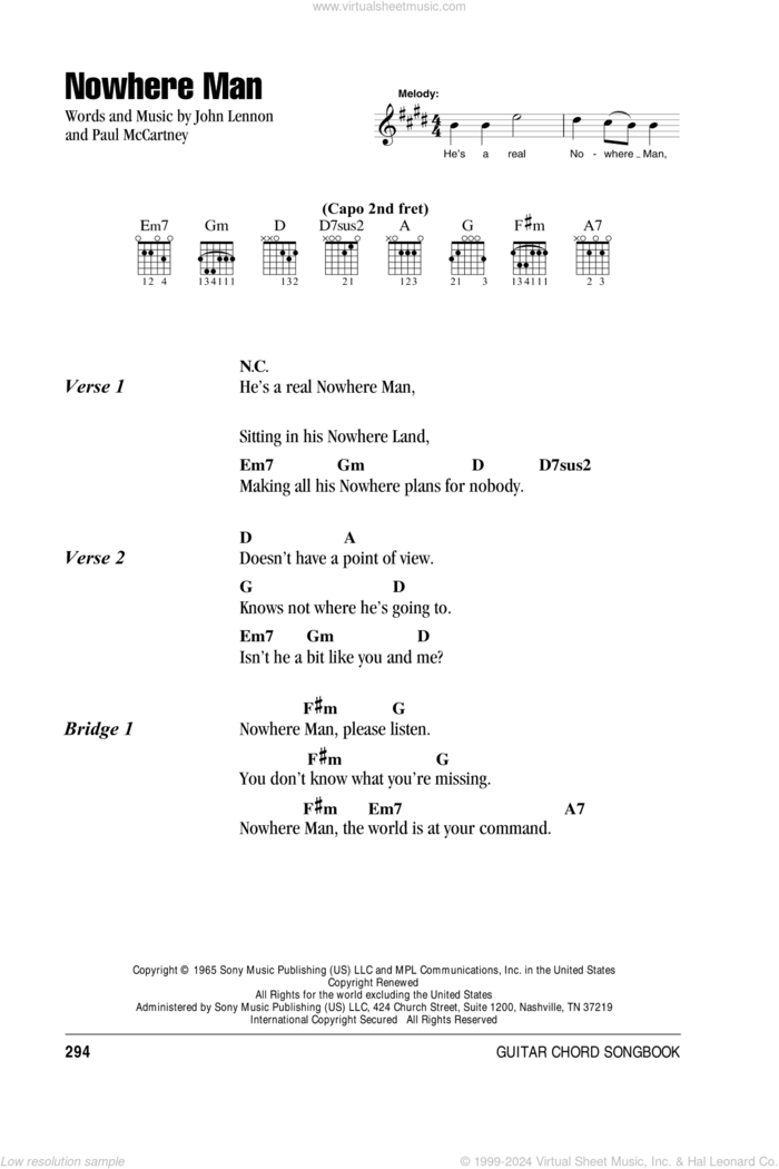 Nowhere Man sheet music for guitar (chords) by The Beatles, John Lennon and Paul McCartney, intermediate skill level