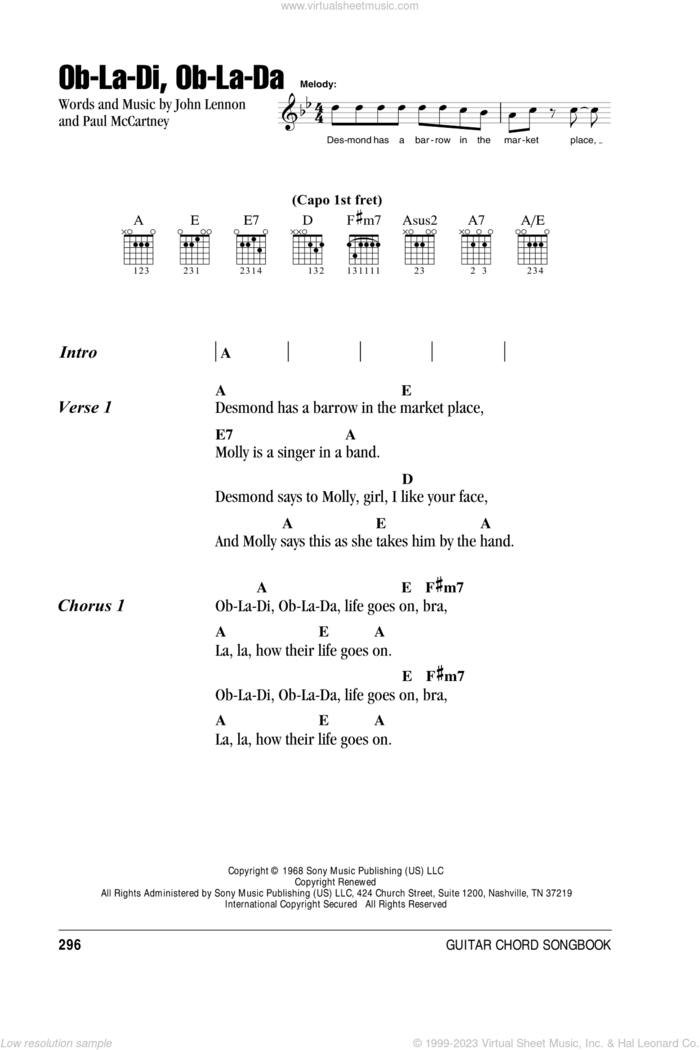 Ob-La-Di, Ob-La-Da sheet music for guitar (chords) by The Beatles, John Lennon and Paul McCartney, intermediate skill level