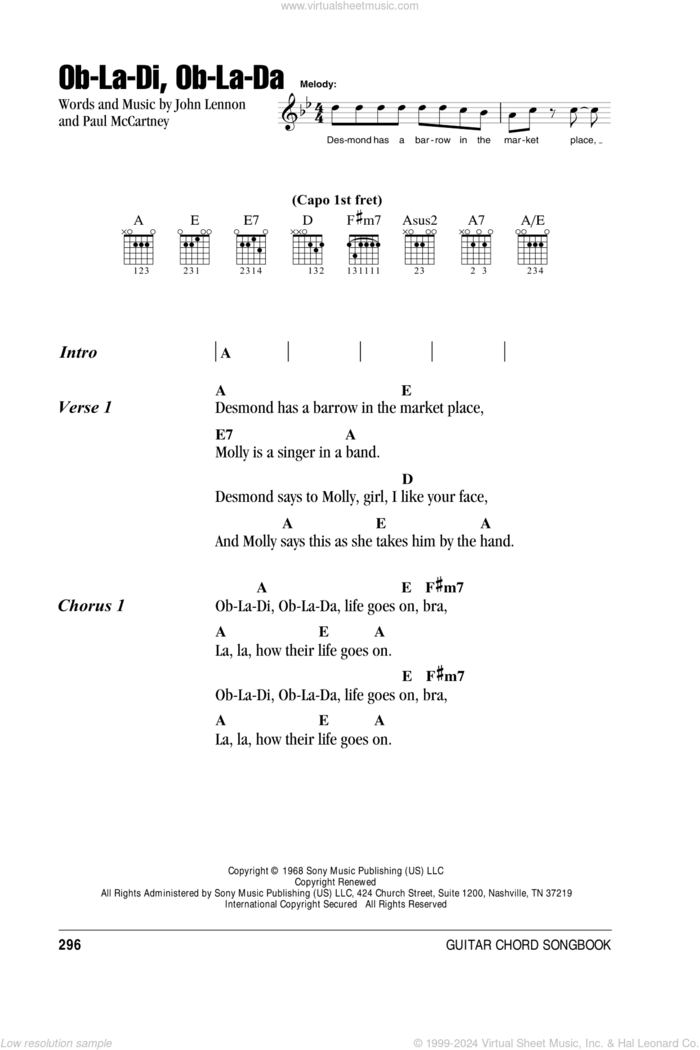 Ob-La-Di, Ob-La-Da sheet music for guitar (chords) by The Beatles, John Lennon and Paul McCartney, intermediate skill level