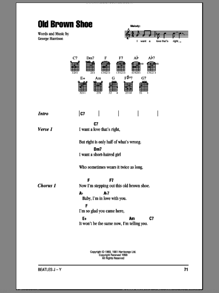 Old Brown Shoe sheet music for guitar (chords) by The Beatles and George Harrison, intermediate skill level