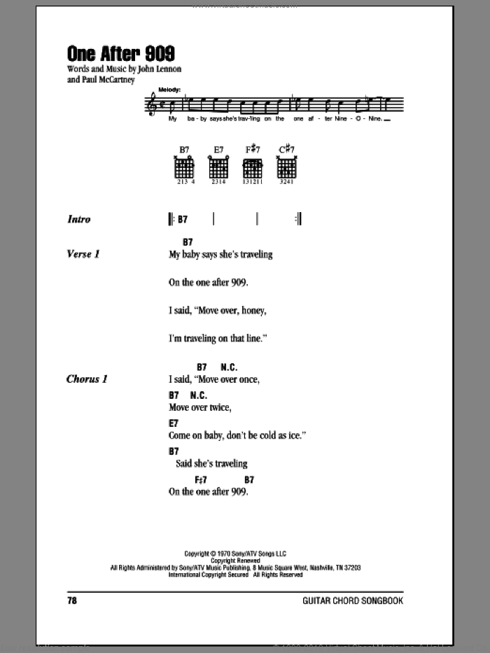 One After 909 sheet music for guitar (chords) by The Beatles, John Lennon and Paul McCartney, intermediate skill level
