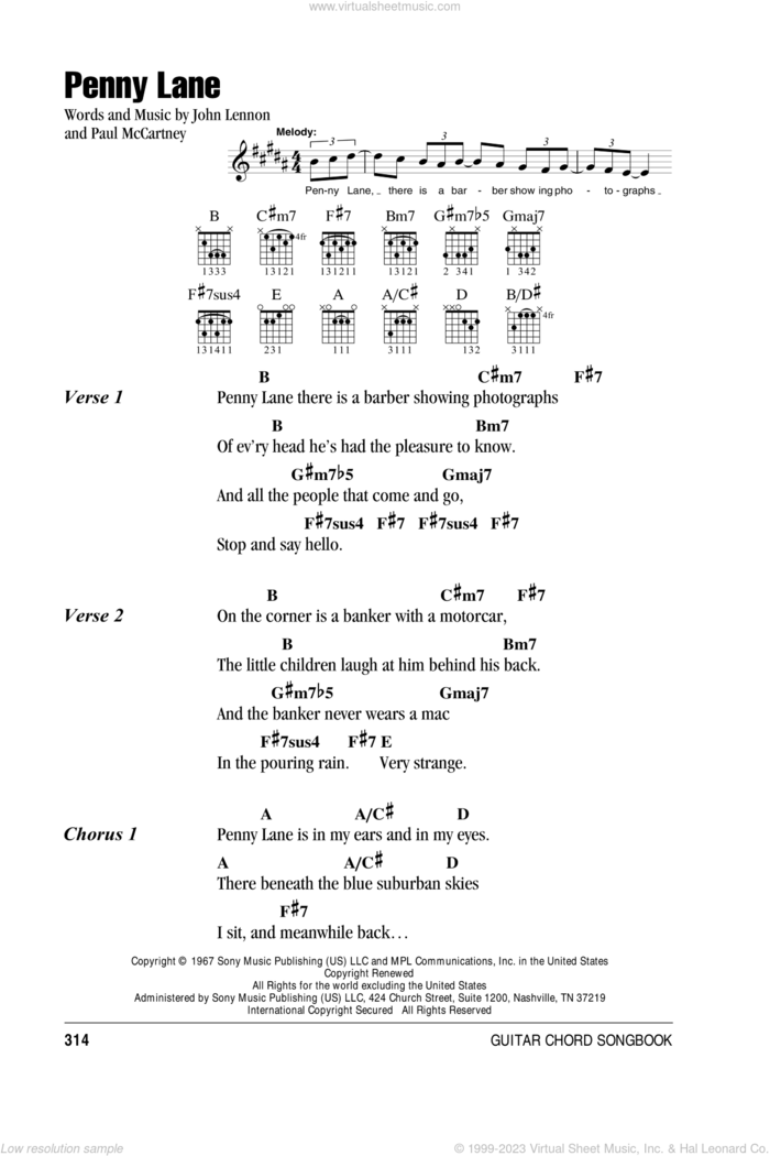 Penny Lane sheet music for guitar (chords) by The Beatles, John Lennon and Paul McCartney, intermediate skill level