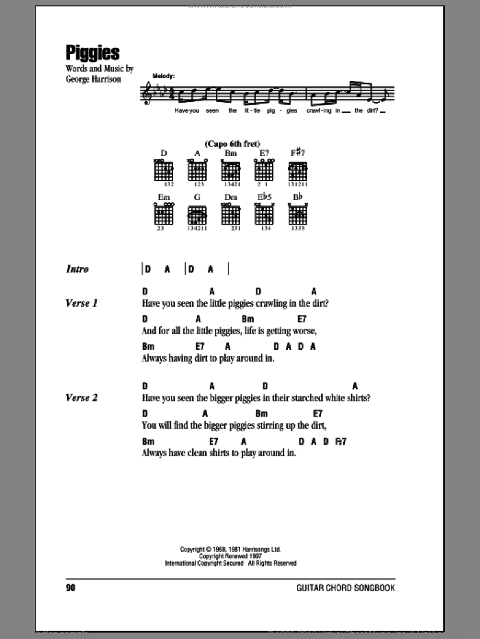 Piggies sheet music for guitar (chords) by The Beatles and George Harrison, intermediate skill level