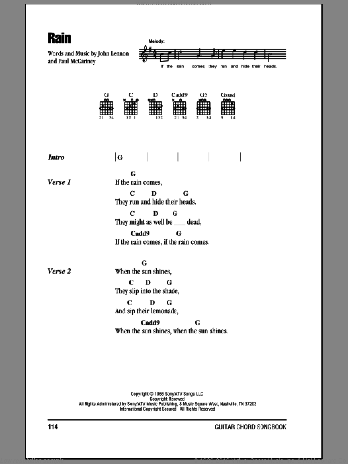 Rain sheet music for guitar (chords) by The Beatles, John Lennon and Paul McCartney, intermediate skill level