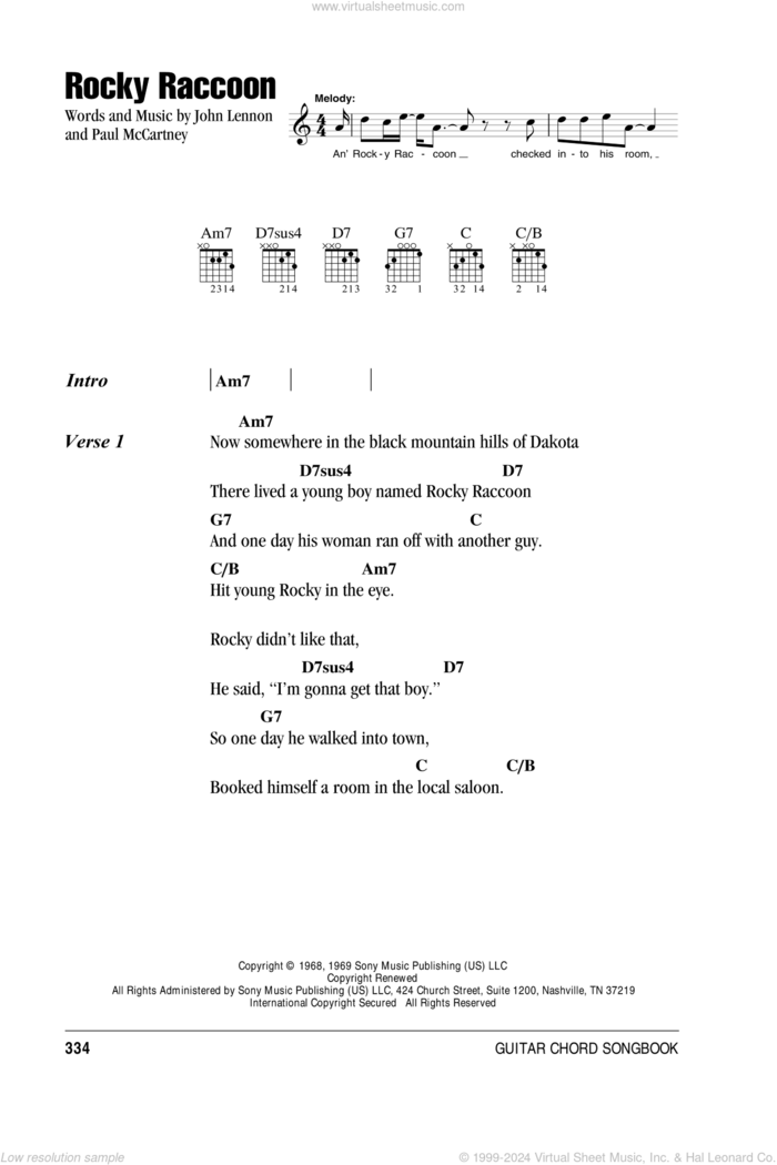 Rocky Raccoon sheet music for guitar (chords) by The Beatles, John Lennon and Paul McCartney, intermediate skill level