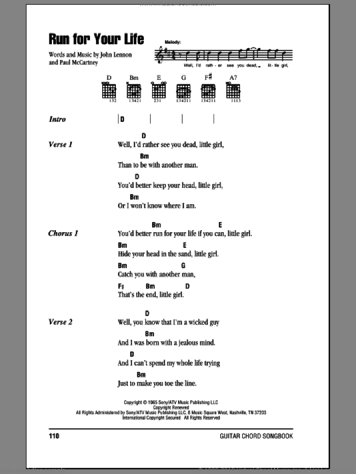 Run For Your Life sheet music for guitar (chords) by The Beatles, John Lennon and Paul McCartney, intermediate skill level