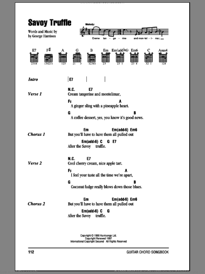Savoy Truffle sheet music for guitar (chords) by The Beatles and George Harrison, intermediate skill level