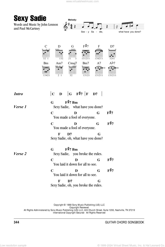 Sexy Sadie sheet music for guitar (chords) by The Beatles, John Lennon and Paul McCartney, intermediate skill level