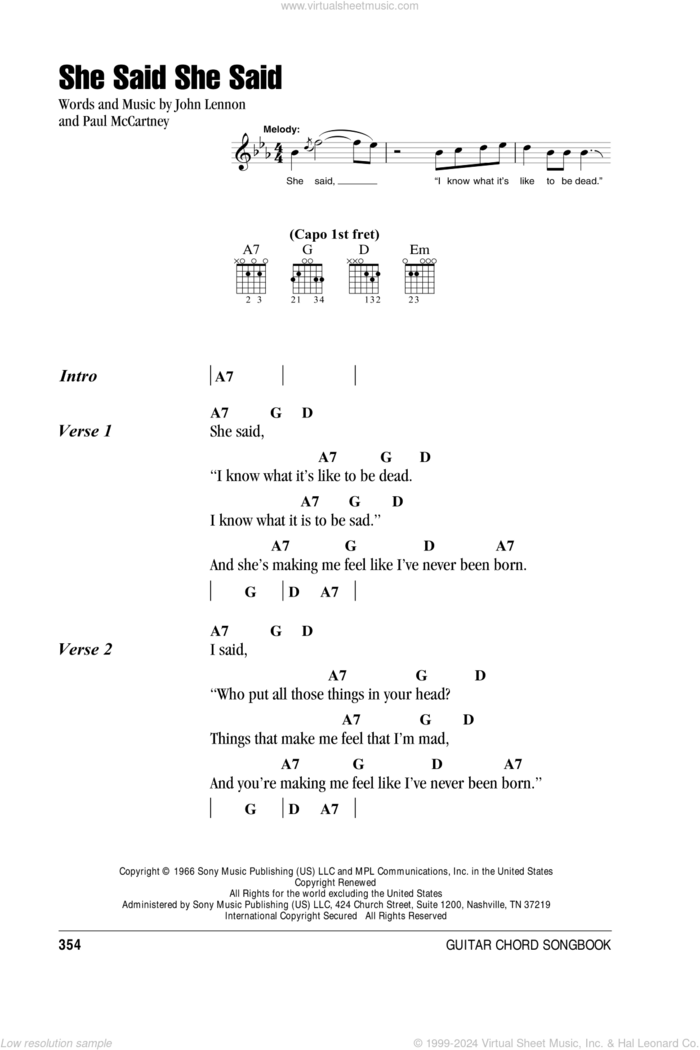 She Said She Said sheet music for guitar (chords) by The Beatles, John Lennon and Paul McCartney, intermediate skill level