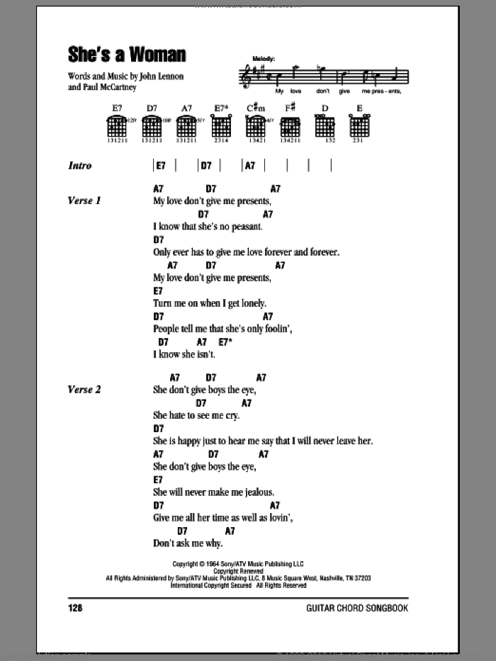 She's A Woman sheet music for guitar (chords) by The Beatles, John Lennon and Paul McCartney, intermediate skill level