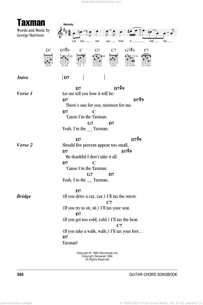 Taxman sheet music for guitar (chords) by The Beatles and George Harrison, intermediate skill level