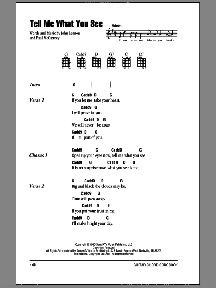 Tell Me What You See sheet music for guitar (chords) by The Beatles, John Lennon and Paul McCartney, intermediate skill level