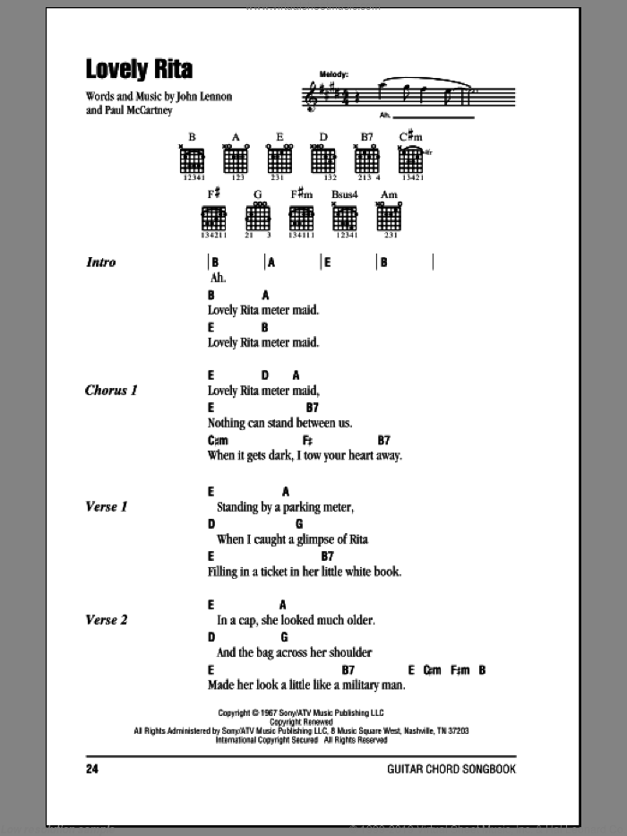 Lovely Rita sheet music for guitar (chords) by The Beatles, John Lennon and Paul McCartney, intermediate skill level