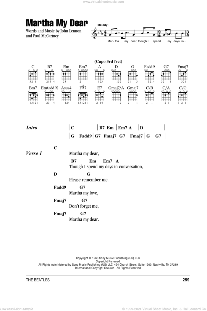 Martha My Dear sheet music for guitar (chords) by The Beatles, John Lennon and Paul McCartney, intermediate skill level