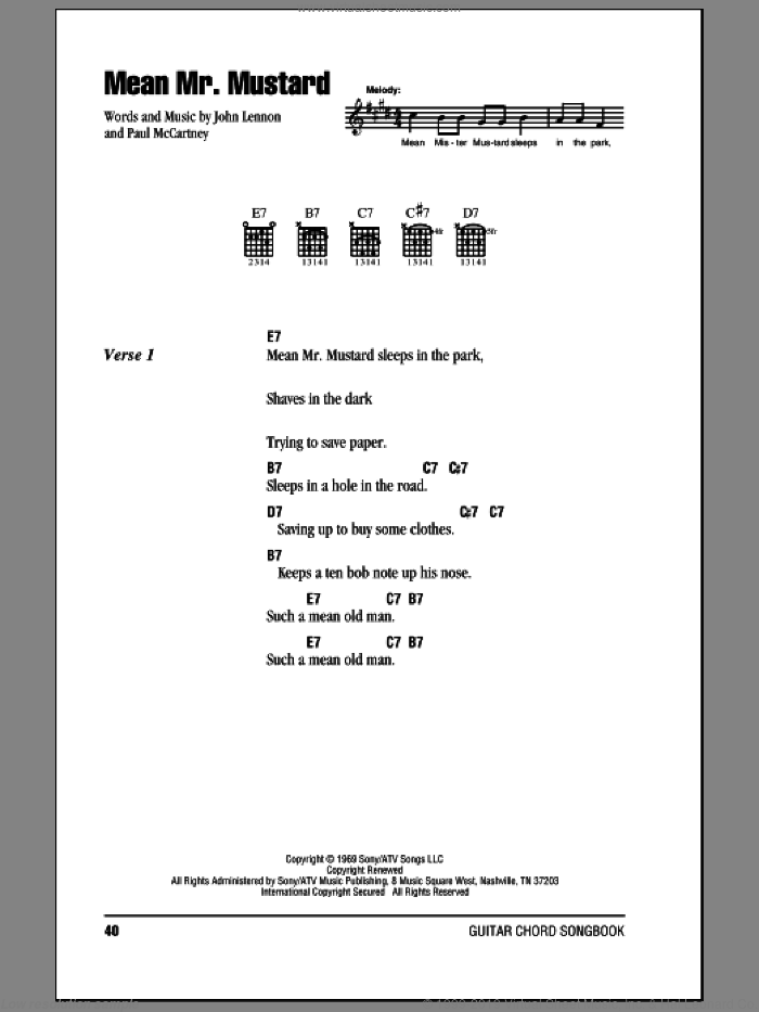 Mean Mr. Mustard sheet music for guitar (chords) by The Beatles, John Lennon and Paul McCartney, intermediate skill level