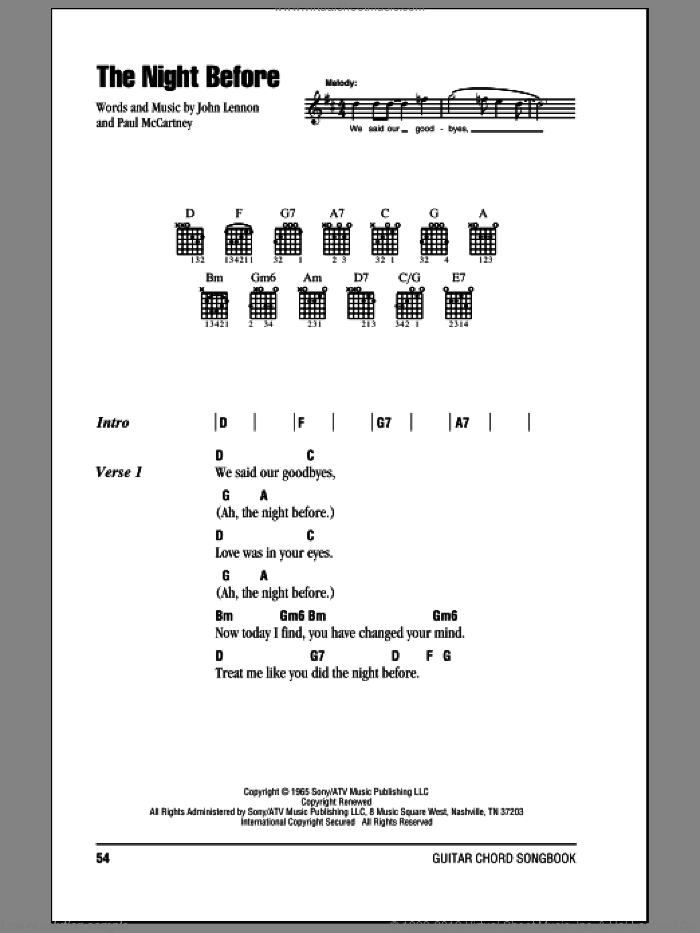 The Night Before sheet music for guitar (chords) by The Beatles, John Lennon and Paul McCartney, intermediate skill level