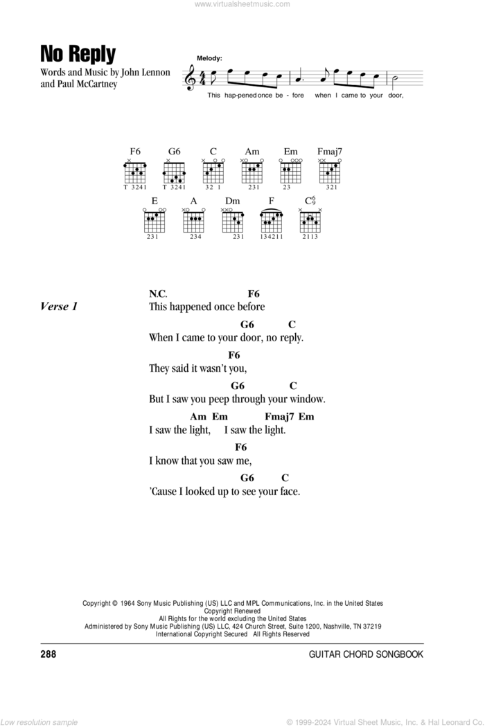 No Reply sheet music for guitar (chords) by The Beatles, John Lennon and Paul McCartney, intermediate skill level