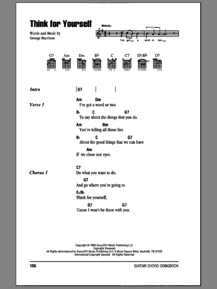 Think For Yourself sheet music for guitar (chords) by The Beatles and George Harrison, intermediate skill level