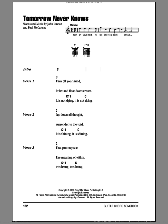 Tomorrow Never Knows sheet music for guitar (chords) by The Beatles, John Lennon and Paul McCartney, intermediate skill level