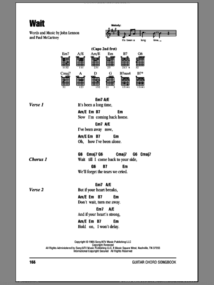 Wait sheet music for guitar (chords) by The Beatles, John Lennon and Paul McCartney, intermediate skill level