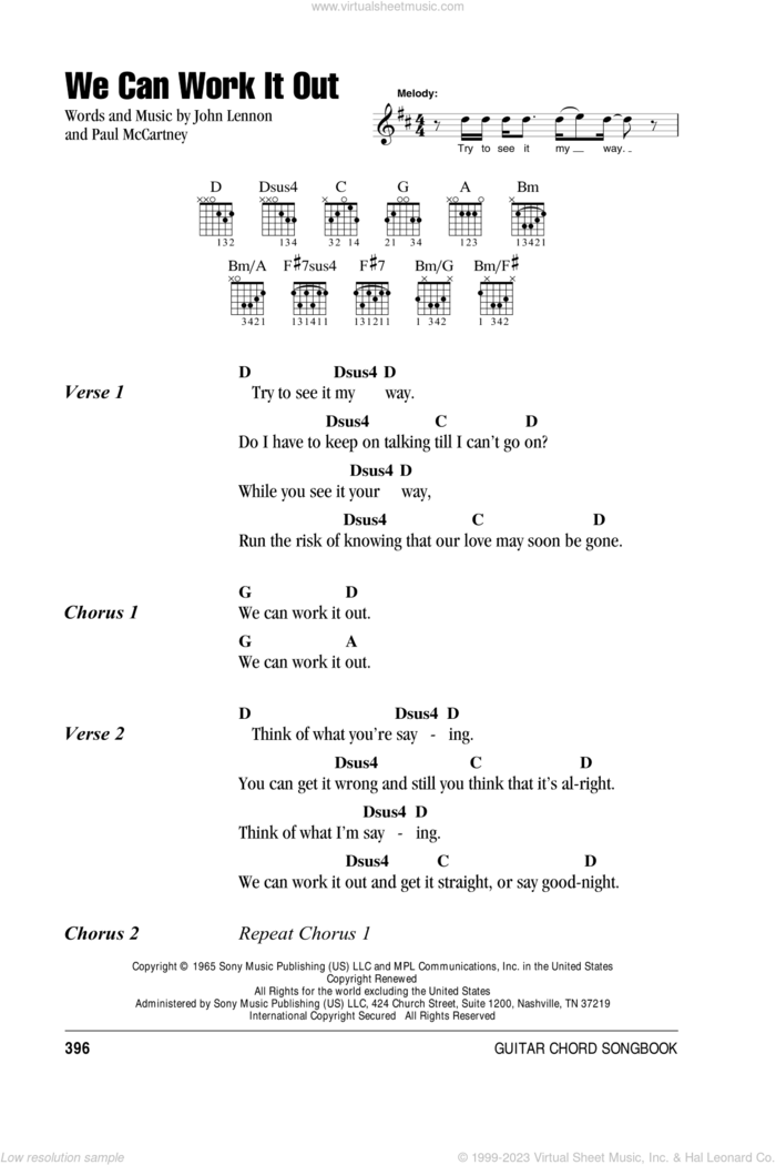 We Can Work It Out sheet music for guitar (chords) by The Beatles, John Lennon and Paul McCartney, intermediate skill level