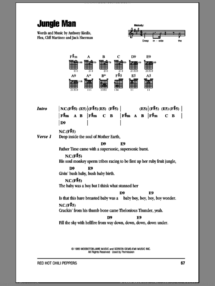 Jungle Man sheet music for guitar (chords) by Red Hot Chili Peppers, Anthony Kiedis, Cliff Martinez, Flea and Jack Sherman, intermediate skill level