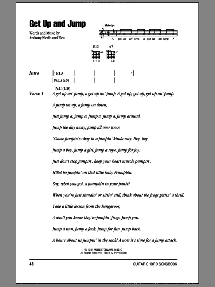 Get Up And Jump sheet music for guitar (chords) by Red Hot Chili Peppers, Anthony Kiedis and Flea, intermediate skill level