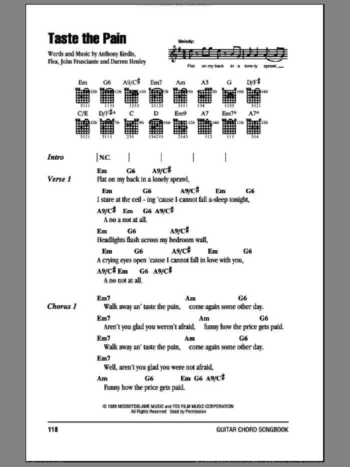 Taste The Pain sheet music for guitar (chords) by Red Hot Chili Peppers, Anthony Kiedis, Darren Henley, Flea and John Frusciante, intermediate skill level