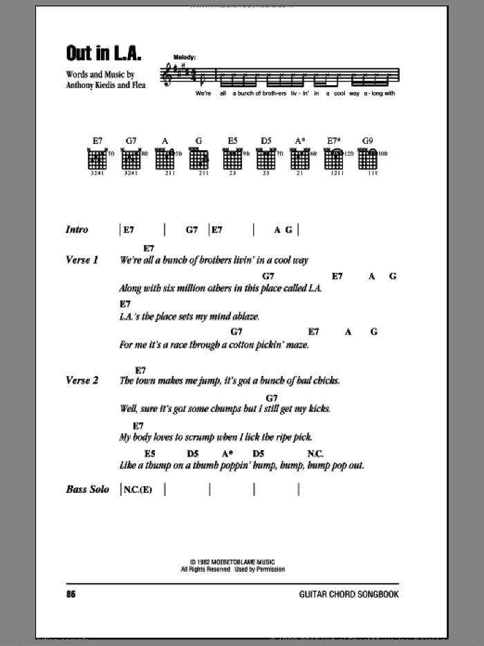 Out In L.A. sheet music for guitar (chords) by Red Hot Chili Peppers, Anthony Kiedis and Flea, intermediate skill level