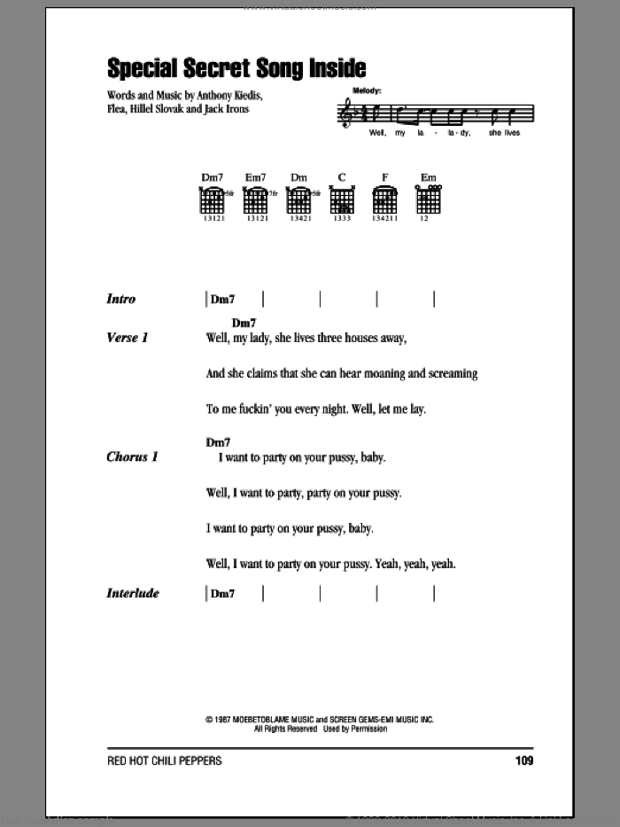 Special Secret Song Inside sheet music for guitar (chords) by Red Hot Chili Peppers, Anthony Kiedis, Flea, Hillel Slovak and Jack Irons, intermediate skill level