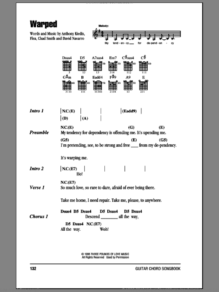 Warped sheet music for guitar (chords) by Red Hot Chili Peppers, Anthony Kiedis, Chad Smith, David Navarro and Flea, intermediate skill level