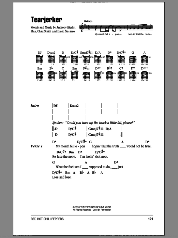 Tearjerker sheet music for guitar (chords) by Red Hot Chili Peppers, Anthony Kiedis, Chad Smith, David Navarro and Flea, intermediate skill level