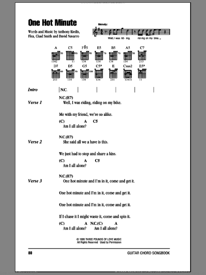 One Hot Minute sheet music for guitar (chords) by Red Hot Chili Peppers, Anthony Kiedis, Chad Smith, David Navarro and Flea, intermediate skill level