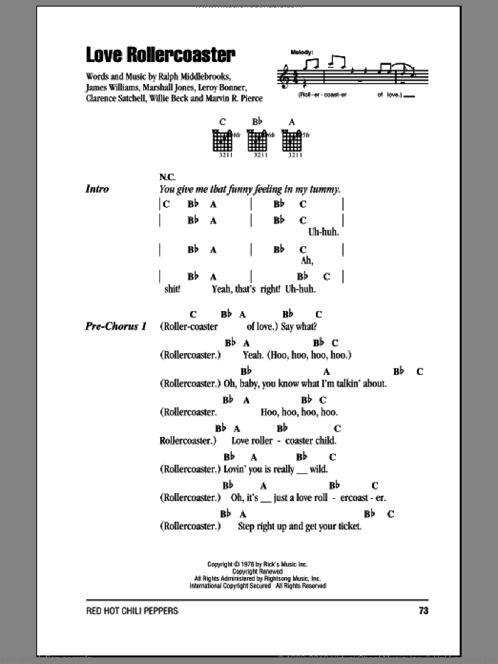 Love Rollercoaster sheet music for guitar (chords) by Red Hot Chili Peppers, Ohio Players, Clarence Satchell, James L. Williams, Leroy Bonner, Marshall Jones, Marvin R. Pierce, Ralph Middlebrooks and Willie Beck, intermediate skill level