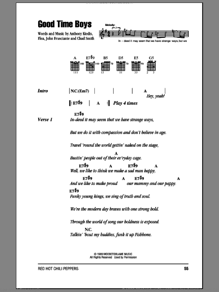 Good Time Boys sheet music for guitar (chords) by Red Hot Chili Peppers, Anthony Kiedis, Chad Smith, Flea and John Frusciante, intermediate skill level
