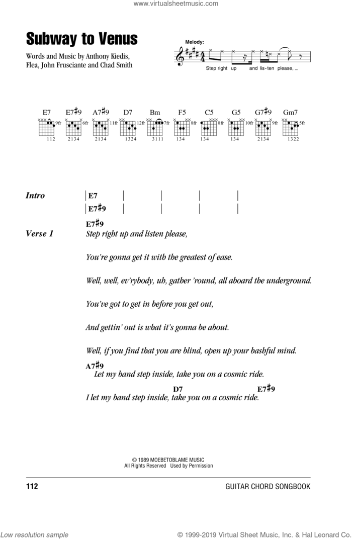 Subway To Venus sheet music for guitar (chords) by Red Hot Chili Peppers, Anthony Kiedis, Chad Smith, Flea and John Frusciante, intermediate skill level
