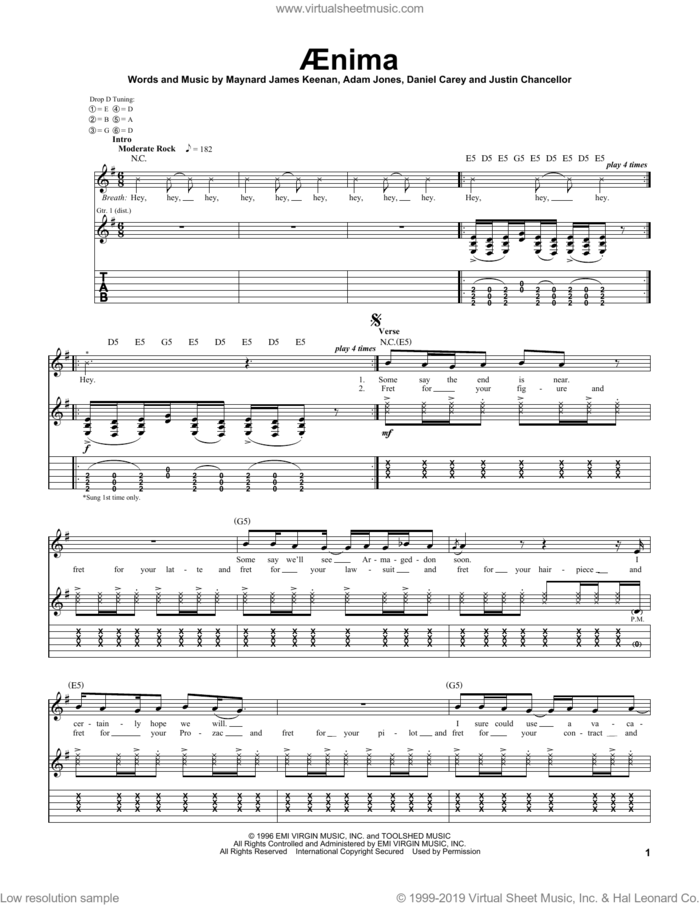 Aenima sheet music for guitar (tablature) by Tool, Adam Jones, Daniel Carel and Justin Chancellor, intermediate skill level