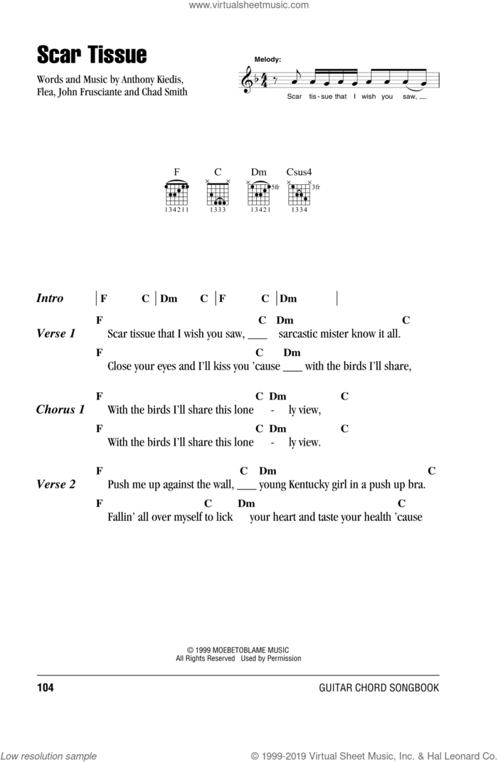 Scar Tissue sheet music for guitar (chords) by Red Hot Chili Peppers, Anthony Kiedis, Chad Smith, Flea and John Frusciante, intermediate skill level