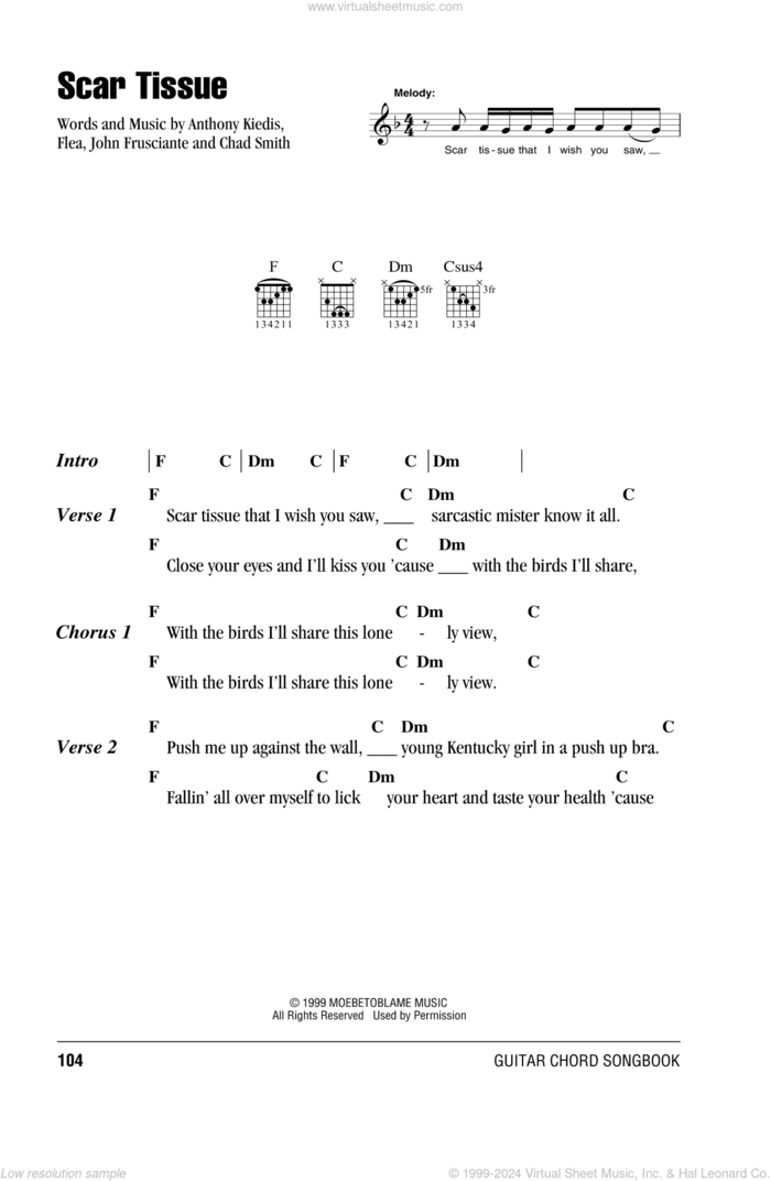 Scar Tissue sheet music for guitar (chords) by Red Hot Chili Peppers, Anthony Kiedis, Chad Smith, Flea and John Frusciante, intermediate skill level