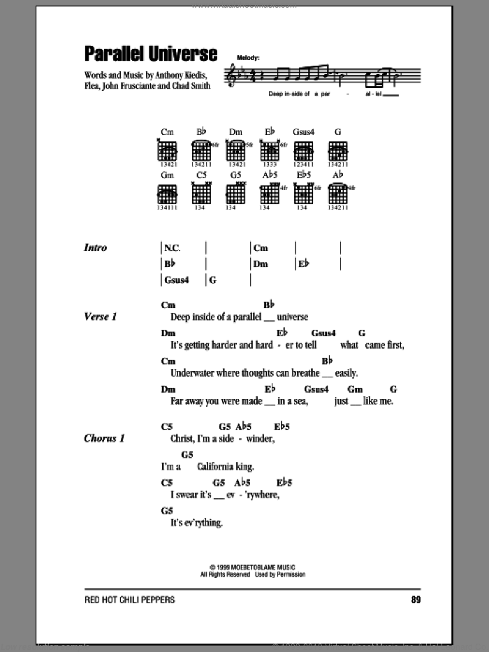 Parallel Universe sheet music for guitar (chords) by Red Hot Chili Peppers, Anthony Kiedis, Chad Smith, Flea and John Frusciante, intermediate skill level