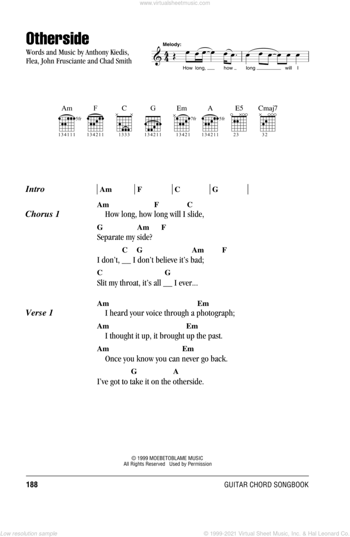 Otherside sheet music for guitar (chords) by Red Hot Chili Peppers, Anthony Kiedis, Chad Smith, Flea and John Frusciante, intermediate skill level