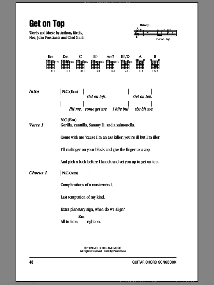 Get On Top sheet music for guitar (chords) by Red Hot Chili Peppers, Anthony Kiedis, Chad Smith, Flea and John Frusciante, intermediate skill level