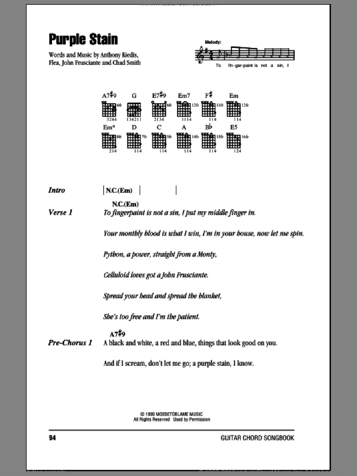 Purple Stain sheet music for guitar (chords) by Red Hot Chili Peppers, Anthony Kiedis, Chad Smith, Flea and John Frusciante, intermediate skill level