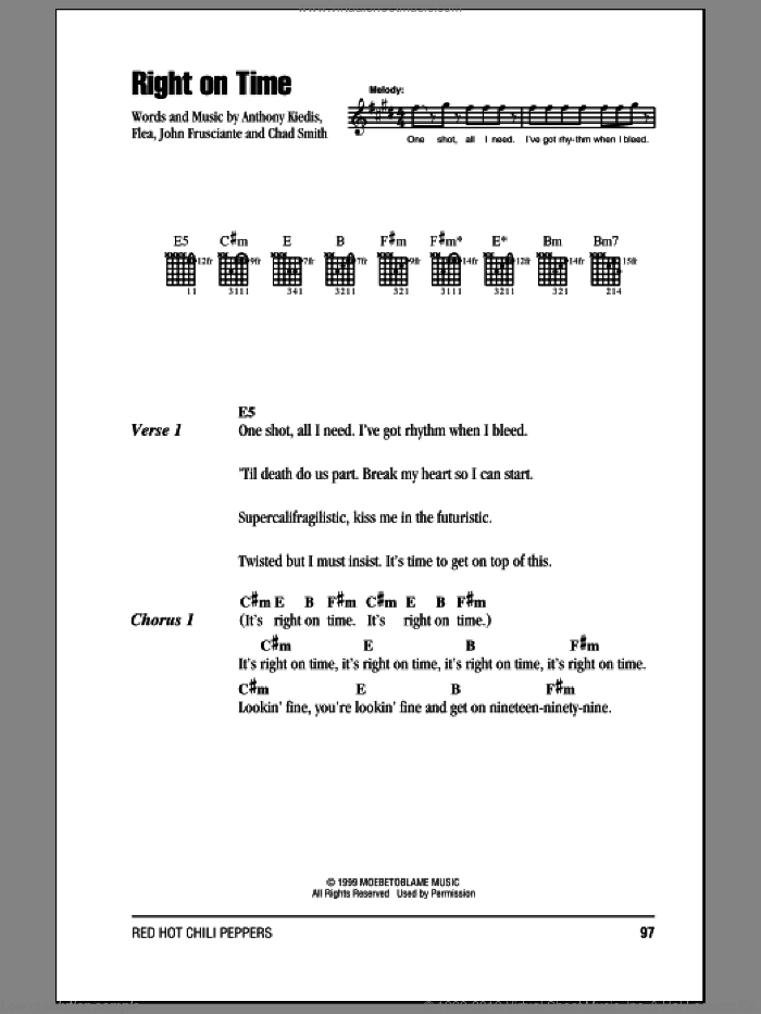 Right On Time sheet music for guitar (chords) by Red Hot Chili Peppers, Anthony Kiedis, Chad Smith, Flea and John Frusciante, intermediate skill level